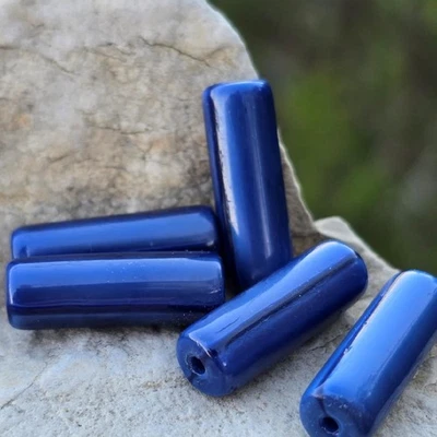 5 Vintage German Pressed Blue Glass Tube Beads - Mid Century Old Stock 21mm - Image 1 of 4