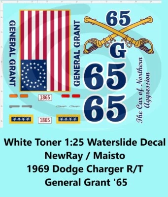 White Toner 1:25 Waterslide Decal 1969 Dodge Charger R/T General Grant 65 Foto 1 de 4