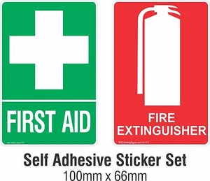FIRST AID & FIRE EXTINGUISHER Sticker Sign Decal Set 100x66mm OHS WHS - Picture 1 of 2