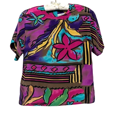 Blusa vintage años 80 Le Caviar mediana neón colorida abstracta floral hombreras Foto 1 de 4