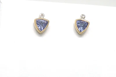 14k Two Tone Gold, Genuine Trillion 切割坦桑石钻石耳钉 — 第 1/4 张图片