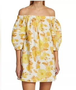 ba&sh Nabi Mini Dress Yellow White Floral Cotton Off the Shoulder Lrg Summer EUC - Picture 1 of 12