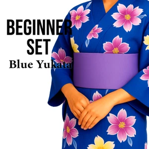 Blue Yukata Set w/ Pre-tied Obi, Kimono Board, Magic Belt, Waist Ties – Used - Picture 1 of 21