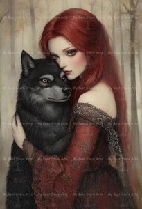 GOTHIC GIRL WITH WOLF ART PRINT, Fairytale Wall Decor, Victorian Fantasy Poster - Picture 1 of 2