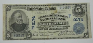 #9174 Series 1902 Lg Sz $5 Anglo London Paris Nat Bank of SF FINE+ Fr#600 Stains - Picture 1 of 4