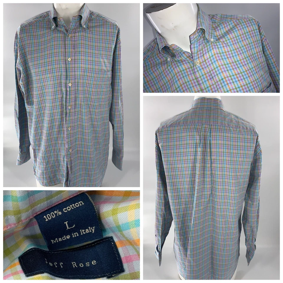 Camisa Jeff Rose Manga Larga Botón L Hombres Azul Rosa Amarillo Cuadros Italia YGI D2-52 Foto 1 de 4