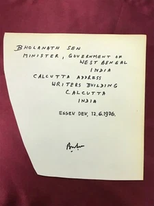 Autogramm BHOLA NATH SEN-Minister INDIEN-Government West Bengal-handsigned - Foto 1 di 1