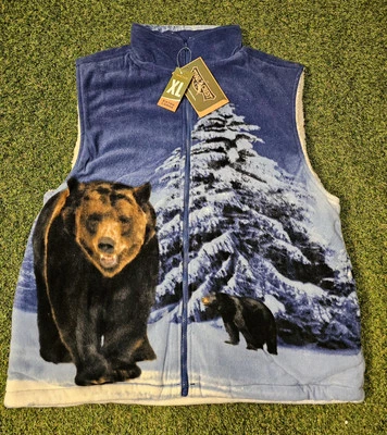 Trail Crest Vest Mens XL Blue Brown Bear Trees Fleece Sherpa Lined Nature - Image 1 of 4