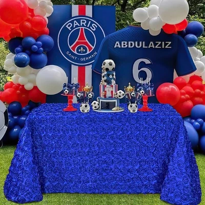 Navy Blue 90x132 Inches Navy Blue Rosettes Tablecloth 3D Floral Satin Rectang... - Image 1 of 4