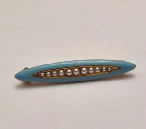 Antique Krementz 14K Gold Pin Brooch Baby Blue Enamel Seed Pearls Fabulous - Picture 1 of 9
