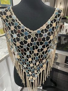 Boho Beaded Crochet Shawl Fringe Festival Hippie Gypsy Poncho Wrap Multicolor - Picture 1 of 15