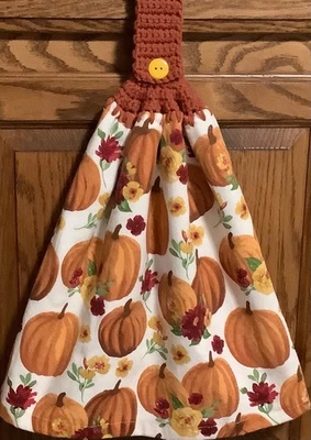 Double hanging kitchen towel Fall pumpkin flowers crocheted rust  top - Image 1 of 4