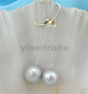12mm Gray round Edison keshi reborn pearl dangle earring 925SILVER  - Picture 1 of 1
