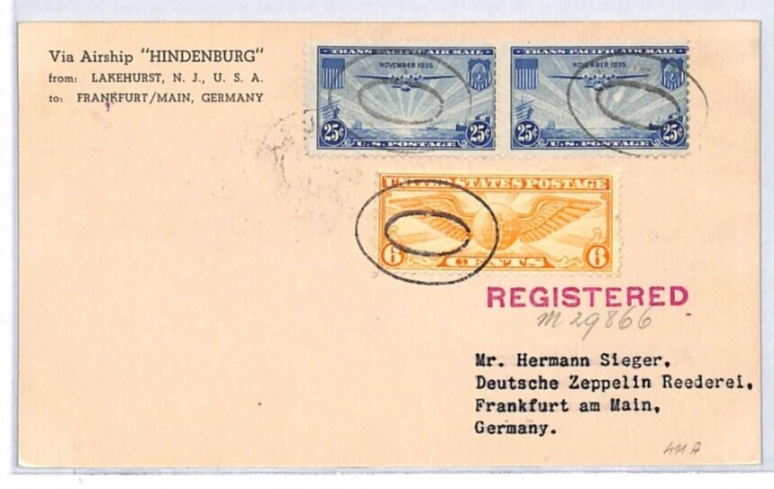 USA HINDENBURG ZEPPELIN Air Mail Card Lakehurst Frankfurt Registered LZ200 - Image 1 of 4