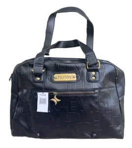 Vintage HURLEY Black Faux Leather DUFFLE Gym Travel BAG Tote handbag Bronze zip - Picture 1 of 18