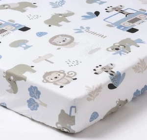 Blue Safari Baby Boy Cot Bed Fitted Sheet - Jungle Animals Theme, Pure Cotton - Picture 1 of 2
