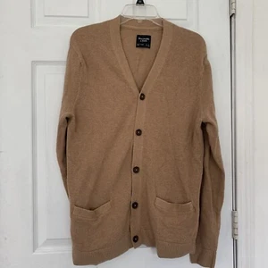 Abercrombie & Fitch Cardigan Mens Large Knit Brown Tan Cotten Cashmere Grandpa V - Picture 1 of 6