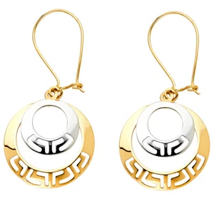 GOLD - 14K Two Tone Gold Greek Cut Out RD Drop Shepherds Hook Earrings - Picture 1 of 3