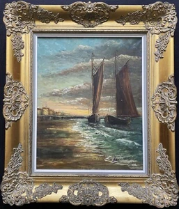 Pintura al óleo sobre lienzo de paisaje marino impresionista iluminada por la luna de la escuela británica mediados del siglo XX - Imagen 1 de 10
