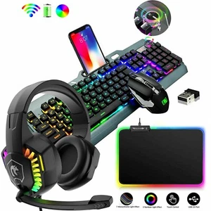 Wirless Gaming Keyboard Mouse Headset,Metal Panel 104Keys Keypad PC PS4 4in1 RGB - Picture 1 of 19