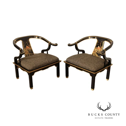Chinoiserie Decorated Black Lacquer Pair of Horseshoe Armchairs Cover