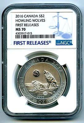 2016 $2 CANADA 3/4OZ .9999 SILVER NGC MS70 HOWLING WOLVES FIRST RELEASES POP=19 - Image 1 of 2