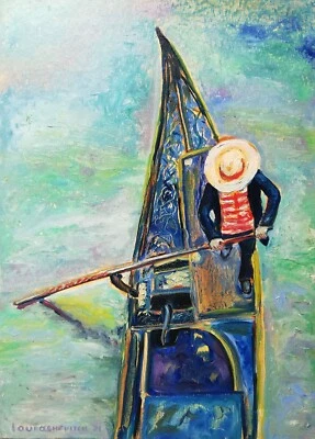 Original Oil on Canvas Painting Venice Gondola Italy Gondolier Boat Whimsical  - Изображение 1 из 4