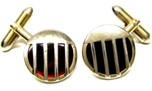 Swank Cufflinks Red Lucite Gold Stripes Round Vintage Men's Formal Wear Gift - Picture 1 of 3