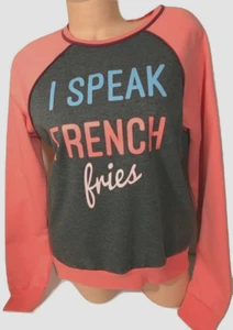 L Fleece Lined Sweatshirt Orange Gray Whimsical I SPEAK FRENCH FRIES NWT - Picture 1 of 9