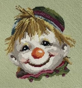 Vintage 1960s Clown Needlepoint Framed Green Background Yellow Frame Wall Art - Picture 1 of 3