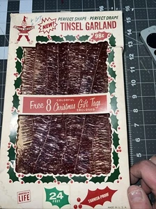 Vtg Holly Brand 1960 Pink MCM Christmas Tree Tinsel Garland Box 12’ USA Craft - Picture 1 of 2
