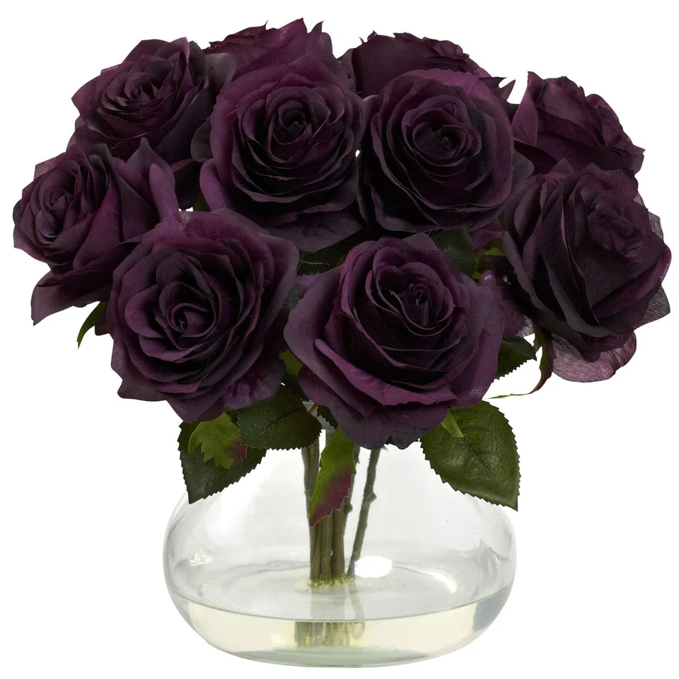 11" SILK ARTIFICIAL FLORAL PURPLE ROSE FLOWER BOUQUET ARRANGEMENT w/ GLASS VASE - Image 1 of 1