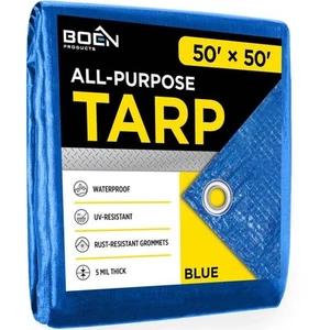 BOEN 50 ft. x 50 ft. Multi-Purpose Blue Poly Tarp Cover 5 Mil Thick Weave - Picture 1 of 9