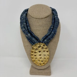 African Recycled Glass Bead Necklace Brass Medallion Tribal Statement 18” Blue - Picture 1 of 6