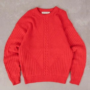 Vintage 90s Patterned Knitted Jumper L Cotton Made in USA Men's Red Crew Neck - Picture 1 of 7