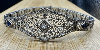 Brazalete de diamantes y zafiros de filigrana Art Deco de oro blanco de 10 k 7 pulgadas/7,9 gr Foto 1 de 4