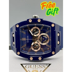 Neu Guess 43mm Phoenix Blue Tonneau Case Dial R Gold Chrono Silicone Strap Watch - Bild 1 von 14