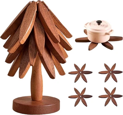 Wooden Trivets for Hot Dishes ,Tree-Shaped Trivet Set with Stand, Heat-Resistant - Image 1 of 4