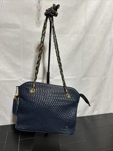VTG Bally Quilted Leather Shoulder Bag Navy Blue Tassel Gold Chain - Picture 1 of 13