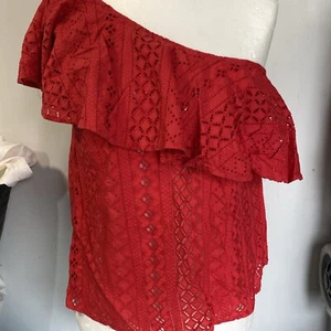 Next Ladies Red Top Broiderie Anglaise Cotton One Shoulder Top Size 12 - Picture 1 of 5