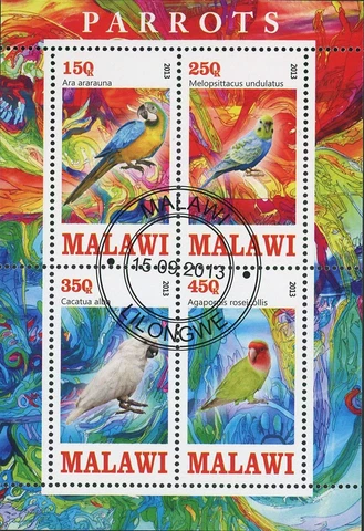 Malawi Parrot Bird Cacatua Alba Souvenir Sheet of 4 Stamps Cover