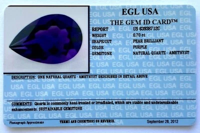 0.70Ct Pear Brilliant Shape Purple Natural Quartz Amethyst Certified By EGL USA  - Image 1 of 4