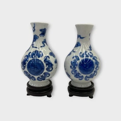 Pair of Small Blue & White Chinese Vases on Stands Bat Motif & Clouds 9cm - image 1 of 4