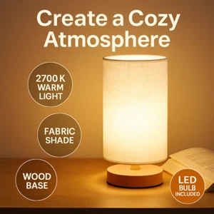 Small Bedside Table Lamp for Bedroom, Modern Wood Base Fabric Shade, LED Light - Picture 1 of 8