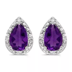 10k White Gold Pear Amethyst And Diamond Earrings - Picture 1 of 2