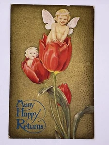 Postcard~Two Fairies in Tulips~Many Happy Returns~Embossed~c1914 unposted SH1.14 - Picture 1 of 2