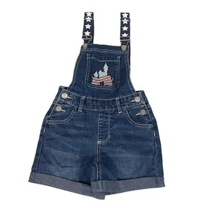 Disney Denim Overall Shorts Embroidered Castle Stretch Cuffed GIRLS XS (4/5) - Picture 1 of 5