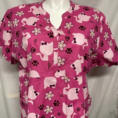 Sanibel Scrubs Nurse Scrub Top Woman’s 2 pockets Cat Bow Paws Pink 4XL New - Image 1 of 4