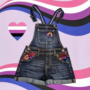 JORDACHE Girl's BIB OVERALL Shorts RAINBOW EMBROIDERED Sequin Blue Jean Size 6X - Picture 1 of 8