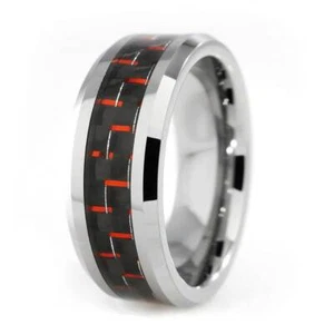 Tungsten Carbide Mens Band Black and Red Carbon Fiber Inlay 8MM Wedding Ring NEW - Picture 1 of 4